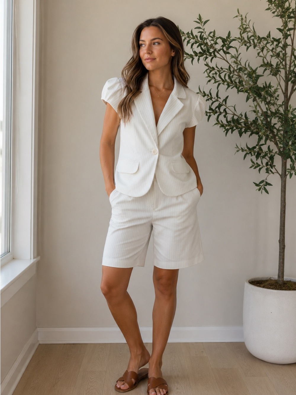 Women’s Cream Short-Sleeve Blazer Jacket